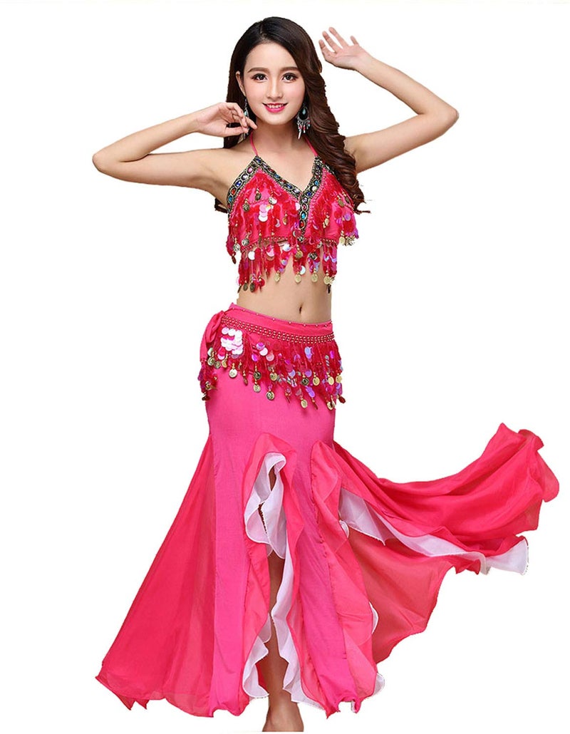 ORIDOOR Women's Belly Dance Dress Set - Rose Red - One Size Fits Most - Bra Top, Waist Belt & Chiffon Skirt - Hand Wash Only - Image 1